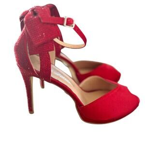 Lauren Lorraine Red Satin & Crystal Embellished Bow Ankle Strap Heels